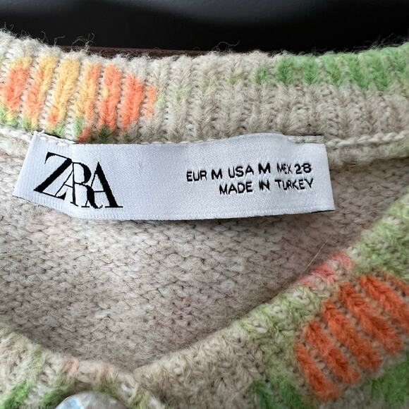 Zara Women's Multicolor Pearl Floral Print Knit Jacquard Cardigan Sweater Medium - Picture 9 of 11